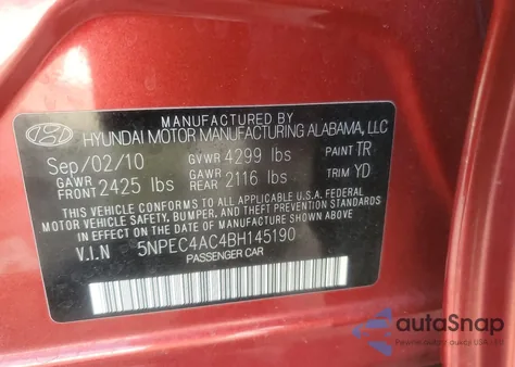 2011 Hyundai Sonata Se из США, поврежденный, VIN 5NPEC4AC4BH145190